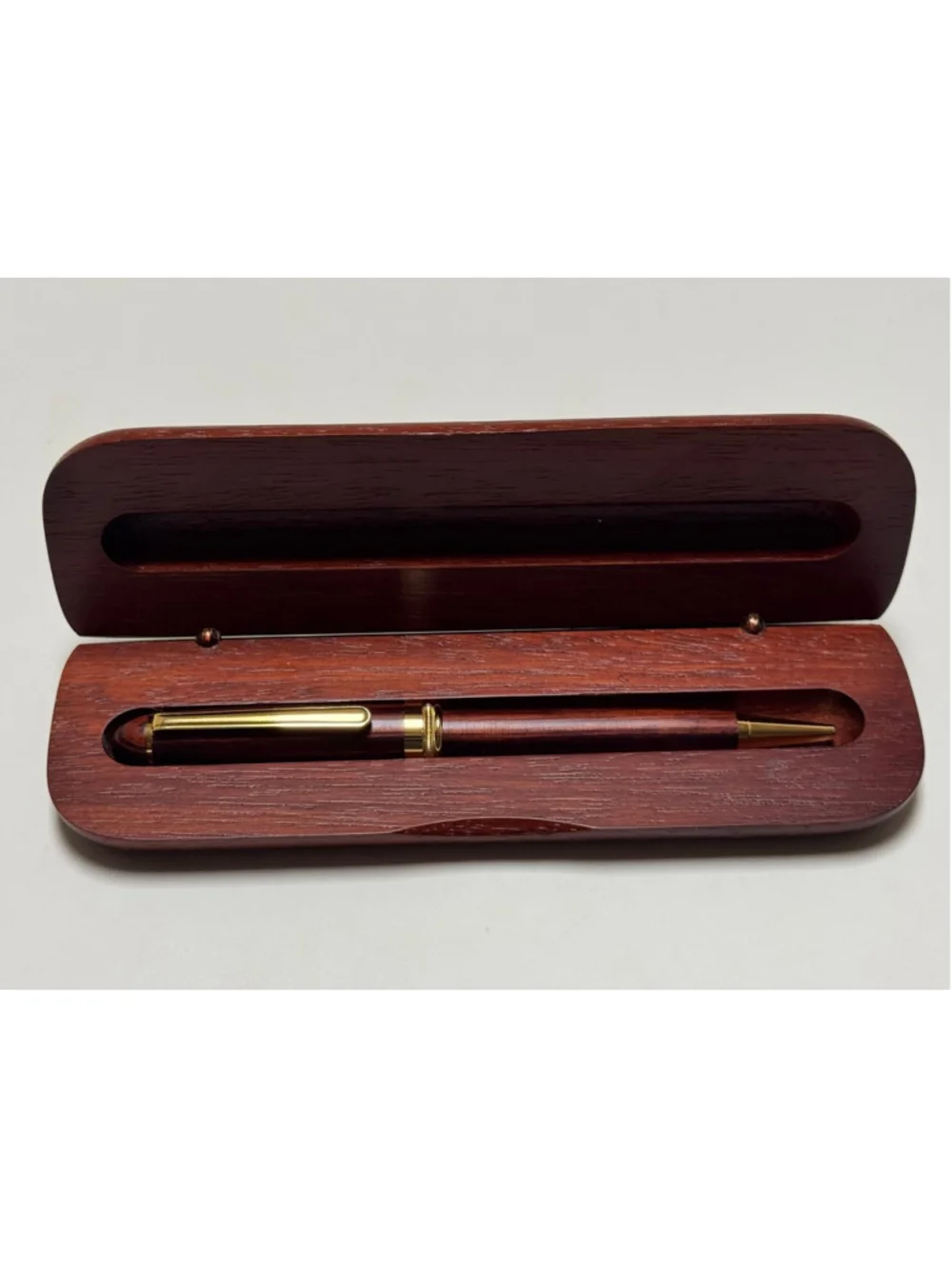 Carved Rose Wood Ballpoint Pen Gold Band Greek Key Design With Wooden Case